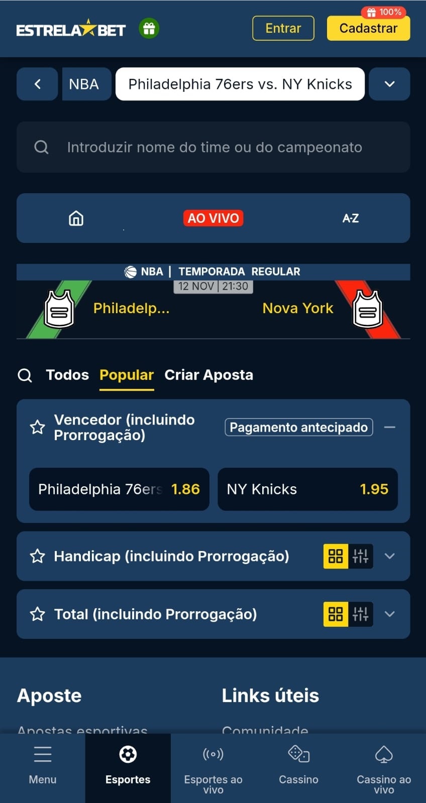 Exemplo de moneyline - Aposta esportiva